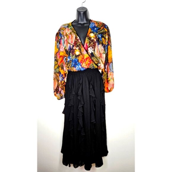 VTG 80s 90s Diane Freis 100% Silk Midi Dress Floral Multicolor Black Boho Beaded - Picture 1 of 15